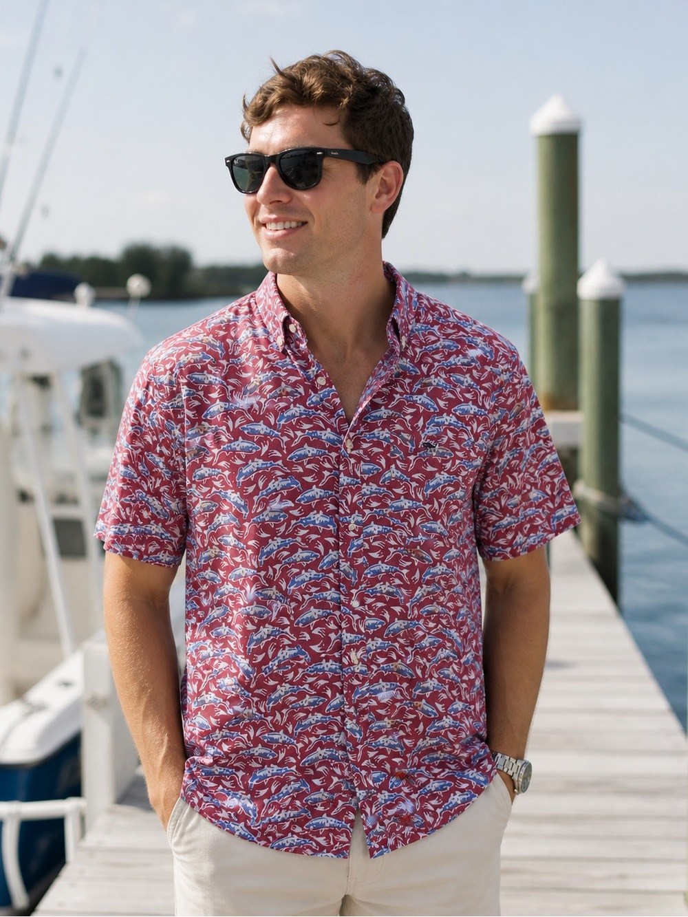 Vineyard Vines Shark Print Classic Fit Tucker Shirt Men’s Small Red Button Down